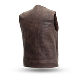 V643DB MENS DISTRESSED BROWN LEATHER MOTORCYCLE WESTERN VEST BACK VIEW WITH V-NECK