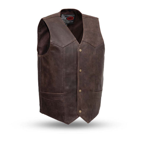 V643DB MENS DISTRESSED BROWN LEATHER MOTORCYCLE WESTERN VEST WITH V-NECK, FRONT SNAPS & TWO FRONT PATCH POCKETS