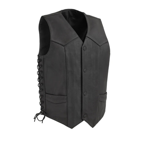 V644 MENS BLACK LEATHER MOTORCYCLE WESTERN VEST WITH V-NECK, FRONT CLASSIC SNAPS & SIDE LACES