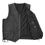 V644 MENS BLACK LEATHER MOTORCYCLE WESTERN VEST FRONT HALF OPEN PARTIAL VIEW OF INSIDE MESH LINING, CELL PHONE POCKET & BULLET SNAPS ON EASY-ACCESS INSIDE LEFT-SIDE CONCEAL-CARRY POCKET
