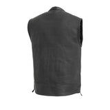 V649 MENS BLACK LEATHER MOTORCYCLE CLUB VEST BACK VIEW WITH MANDARIN COLLAR