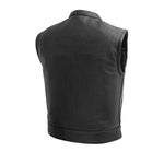 V650 MENS BLACK LEATHER MOTORCYCLE CLUB VEST BACK VIEW WITH MANDARIN COLLAR