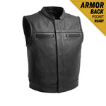 V650 MENS BLACK LEATHER MOTORCYCLE CLUB VEST WITH MANDARIN COLLAR & ZIPPERED FRONT CHEST POCKETS