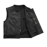 V650 MENS BLACK LEATHER MOTORCYCLE CLUB VEST FRONT HALF OPEN PARTIAL VIEW OF INSIDE MESH LINING WITH BACK ARMOR POCKET, CELL PHONE POCKET & BULLET SNAPS ON EASY-ACCESS INSIDE LEFT-SIDE CONCEAL-CARRY POCKET
