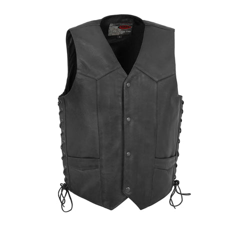 V652 MENS BLACK LEATHER MOTORCYCLE WESTERN VEST WITH V-NECK, FRONT CLASSIC SNAPS & SIDE LACES