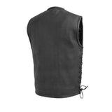 V654 MENS BLACK LEATHER MOTORCYCLE CLUB VEST BACK VIEW WITH PIPING COLLAR
