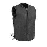 V654 MENS BLACK LEATHER MOTORCYCLE CLUB VEST WITH PIPPING COLLAR & SIDE LACES