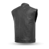 V656 MENS BLACK LEATHER MOTORCYCLE CLUB VEST BACK VIEW WITH MANDARIN COLLAR