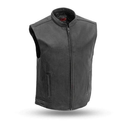 V656 MENS BLACK LEATHER CLEAN-CUT MOTORCYCLE CLUB VEST WITH MANDARIN COLLAR & NO FRONT CHEST POCKETS