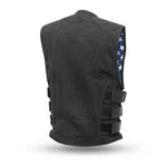 V657CV MENS BLACK CANVAS MOTORCYCLE SWAT VEST BACK VIEW WITH PIPING COLLAR, TRIPLE SIDE STRAPS & PARTIAL VIEW OF INISDE SIDE PANEL SATIN USA FLAG LINING