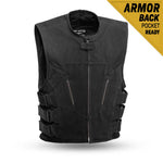 V657CV MENS BLACK CANVAS MOTORCYCLE SWAT VEST WITH PIPING COLLAR & TRIPLE SIDE STRAPS