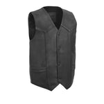 V658 MENS BLACK LEATHER MOTORCYCLE WESTERN VEST WITH V-NECK, FRONT SNAPS & TWO FRONT PATCH POCKETS