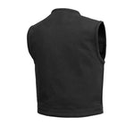 V659CV MENS BLACK CANVAS MOTORCYCLE CLUB SHORT BODY VEST BACK VIEW WITH PIPING COLLAR
