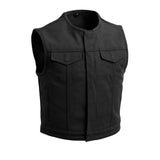 V659CV MENS BLACK CANVAS MOTORCYCLE CLUB SHORT BODY VEST WITH PIPING COLLAR