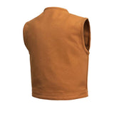 V659CV MENS TAN CANVAS MOTORCYCLE CLUB SHORT BODY VEST BACK VIEW WITH PIPING COLLAR