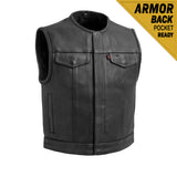 V659 MENS BLACK LEATHER MOTORCYCLE CLUB SHORT BODY VEST WITH PIPPING COLLAR