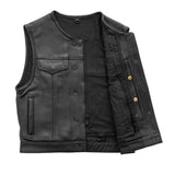 V659 MENS BLACK LEATHER MOTORCYCLE CLUB SHORT BODY VEST FRONT HALF OPEN PARTIAL VIEW OF INSIDE MESH LINING WITH BACK ARMOR POCKET, CELL PHONE POCKET & BULLET SNAPS ON EASY-ACCESS INSIDE LEFT-SIDE CONCEAL-CARRY POCKET