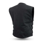V660CV MENS BLACK CANVAS MOTORCYCLE SWAT VEST BACK VIEW WITH PIPING COLLAR & TRIPLE SIDE STRAPS