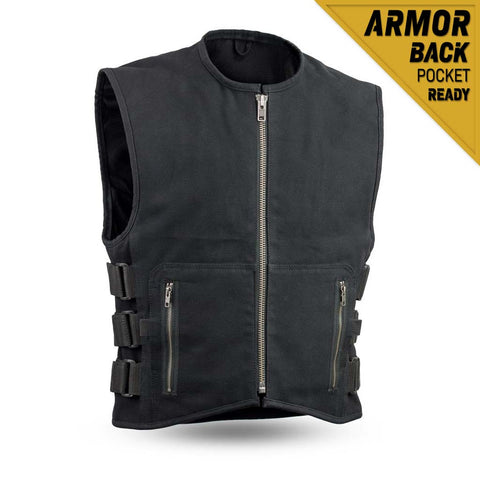 V660CV MENS BLACK CANVAS MOTORCYCLE SWAT VEST WITH PIPING COLLAR & TRIPLE SIDE STRAPS
