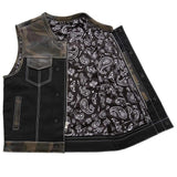V666CV MENS BLACK CANVAS & WOODLAND CAMO LEATHER ACCENT COMBO MOTORCYCLE CLUB VEST FRONT HALF OPEN PARTIAL VIEW OF INSIDE MESH LINING WITH BACK ARMOR POCKET, CELL PHONE POCKET & DOUBLE-SNAPS ON EASY-ACCESS INSIDE LEFT-SIDE CONCEAL-CARRY POCKET