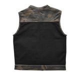 V666CV MENS BLACK CANVAS & WOODLAND CAMO LEATHER ACCENT COMBO MOTORCYCLE CLUB VEST BACK VIEW WITH MANDARIN & WHITE STITCHING