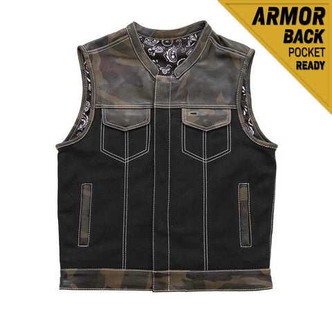 V666CV MENS BLACK CANVAS & WOODLAND CAMO LEATHER ACCENT COMBO MOTORCYCLE CLUB VEST WITH MANDARIN COLLAR & WHITE STITCHING