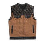 V669CV MENS TAN CANVAS & BLACK LEATHER ACCENT COMBO MOTORCYCLE CLUB VEST WITH MANDARIN COLLAR & TAN STITCHING