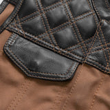 V669CV MENS TAN CANVAS & BLACK LEATHER COMBO MOTORCYCLE CLUB VEST DIAMOND PADDED PATTERN ACCENT CLOSE-UP