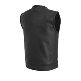 V676 MENS BLACK LEATHER MOTORCYCLE CLUB VEST BACK VIEW WITH PIPING COLLAR