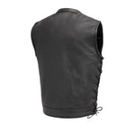 V685 MENS BLACK LEATHER MOTORCYCLE CLUB VEST BACK VIEW WITH MANDARIN COLLAR & SIDE LACES