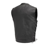V685 MENS BLACK LEATHER MOTORCYCLE CLUB VEST BACK VIEW WITH MANDARIN COLLAR & SIDE LACES