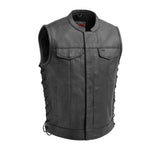 V685 MENS BLACK LEATHER MOTORCYCLE CLUB VEST WITH MANDARIN COLLAR & SIDE LACES