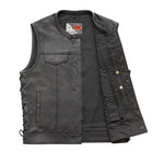 V685 MENS BLACK LEATHER MOTORCYCLE CLUB VEST FRONT HALF OPEN PARTIAL VIEW OF INSIDE MESH LINING