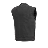 V686 MENS BLACK LEATHER MOTORCYCLE CLUB VEST BACK VIEW WITH MANDARIN COLLAR