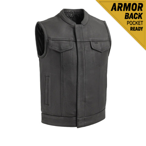 V686 MENS BLACK LEATHER MOTORCYCLE CLUB VEST WITH MANDARIN COLLAR