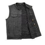 V686 MENS BLACK LEATHER MOTORCYCLE CLUB VEST FRONT HALF OPEN PARTIAL VIEW OF INSIDE MESH LINING WITH BACK ARMOR POCKET, CELL PHONE POCKET & BULLET SNAPS ON EASY-ACCESS INSIDE LEFT-SIDE CONCEAL-CARRY POCKET