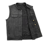 V686 MENS BLACK LEATHER MOTORCYCLE CLUB VEST FRONT HALF OPEN PARTIAL VIEW OF INSIDE MESH LINING WITH BACK ARMOR POCKET, CELL PHONE POCKET & BULLET SNAPS ON EASY-ACCESS INSIDE LEFT-SIDE CONCEAL-CARRY POCKET