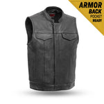 V689 MENS BLACK LEATHER MOTORCYCLE CLUB VEST WITH MANDARIN COLLAR