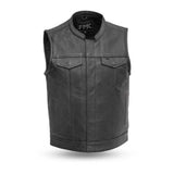 V690 MENS BLACK LEATHER MOTORCYCLE CLUB VEST WITH MANDARIN COLLAR